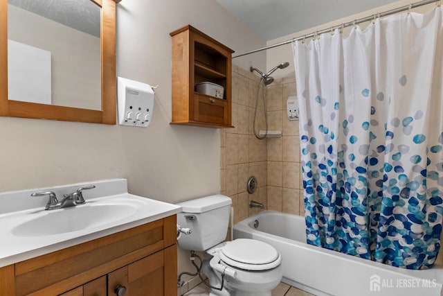 6072 Cedar Ct, South Brunswick, NJ 08852 - bathroom featuring shower / bath combo with shower curtain, toilet, vanity, and tile patterned flooring