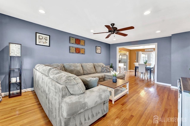 114 Jeffery Rd, Colonia, NJ 07067 - living room with a ceiling fan, light wood-style floors, baseboards, and recessed lighting