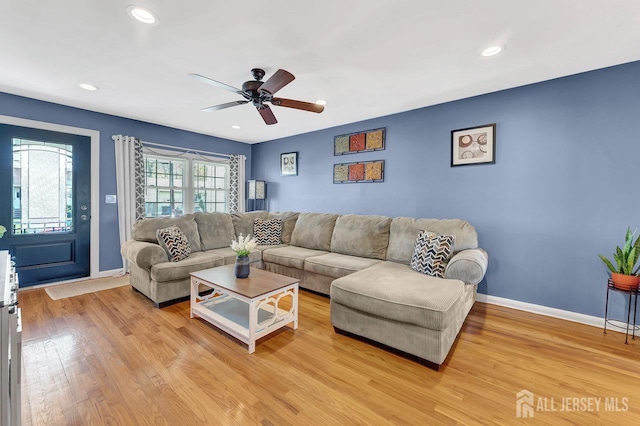 114 Jeffery Rd, Colonia, NJ 07067 - living room featuring light wood finished floors, recessed lighting, a ceiling fan, and baseboards