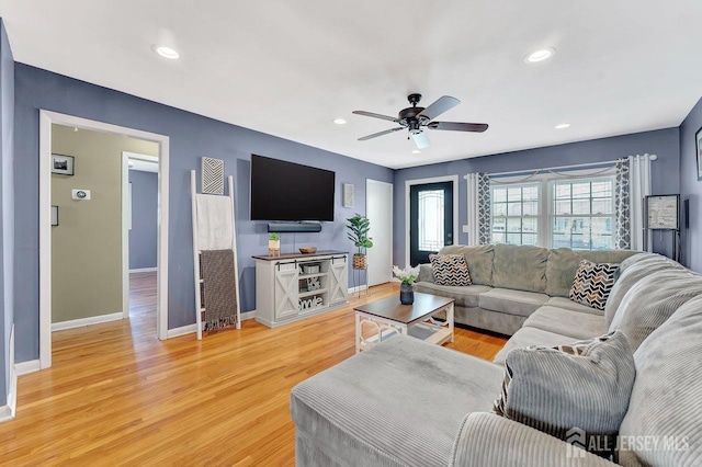 114 Jeffery Rd, Colonia, NJ 07067 - living room with baseboards, a ceiling fan, recessed lighting, and light wood-type flooring
