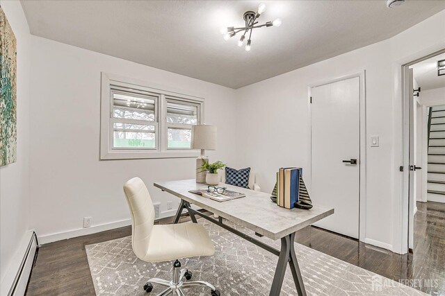 office space featuring a baseboard heating unit, an inviting chandelier, and dark hardwood / wood-style floors