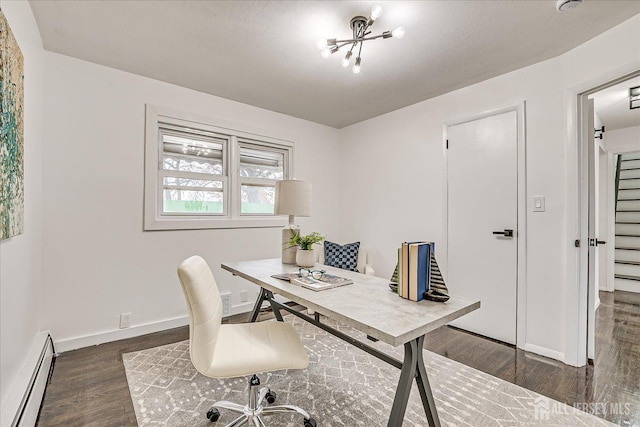 office with baseboard heating and dark hardwood / wood-style flooring