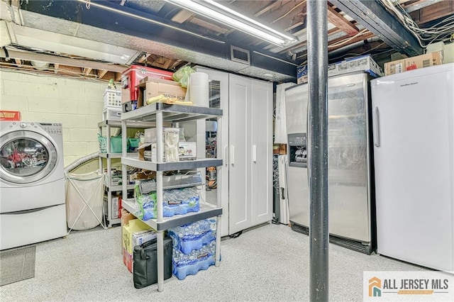 35 Outcalt Rd, Edison, NJ 08817 - unfinished basement featuring freestanding refrigerator, washer / clothes dryer, and visible vents