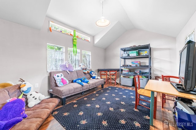 living area featuring wood finished floors and lofted ceiling