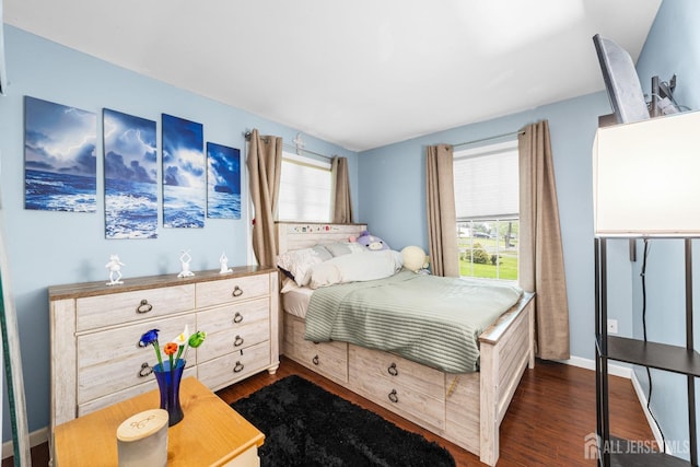 bedroom with dark wood finished floors and multiple windows