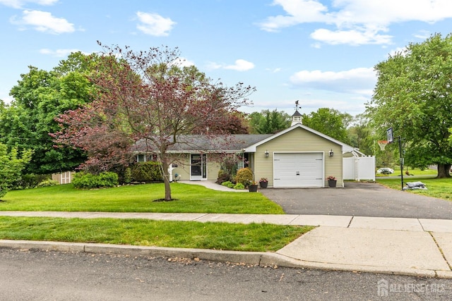 single story home featuring driveway, a front lawn, a garage, and fence