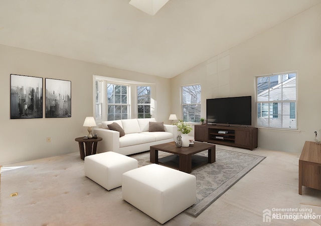 carpeted living room with lofted ceiling and a wealth of natural light