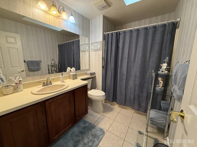 4 Hemlock Hill Rd, Jackson, NJ 08527 - full bathroom featuring wallpapered walls, vanity, tile patterned flooring, a textured ceiling, and curtained shower