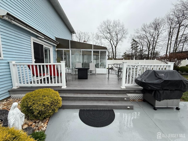 4 Hemlock Hill Rd, Jackson, NJ 08527 - wooden deck featuring a sunroom, area for grilling, and outdoor dining area