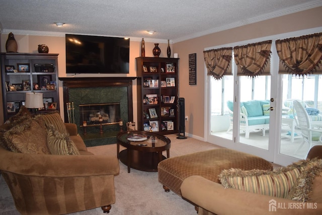 4 Hemlock Hill Rd, Jackson, NJ 08527 - carpeted living room with crown molding, a high end fireplace, french doors, and a textured ceiling
