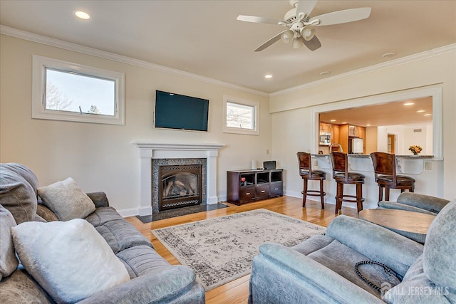 living area with baseboards, wood finished floors, ornamental molding, and a fireplace