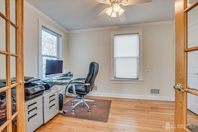 office area featuring visible vents, baseboards, ornamental molding, and light wood finished floors