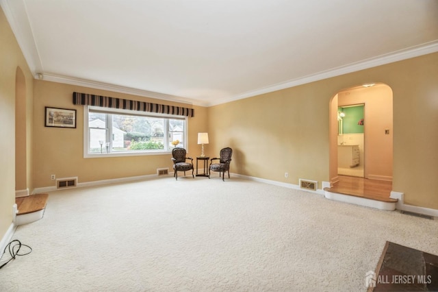 living area with carpet flooring and ornamental molding