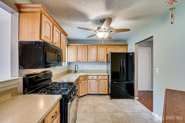 13 Carriage Pl, Edison, NJ 08820 - kitchen with black appliances, a sink, light countertops, ceiling fan, and a textured ceiling