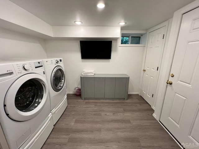 2 Gloucester Ct, East Brunswick, NJ 08816 - washroom with washing machine and dryer, recessed lighting, baseboards, wood finished floors, and laundry area