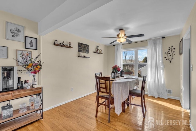 dining area featuring a ceiling fan, baseboards, visible vents, and light wood-style flooring