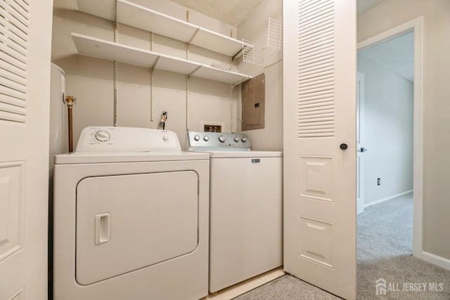 laundry room with electric panel, laundry area, light colored carpet, baseboards, and washer and dryer