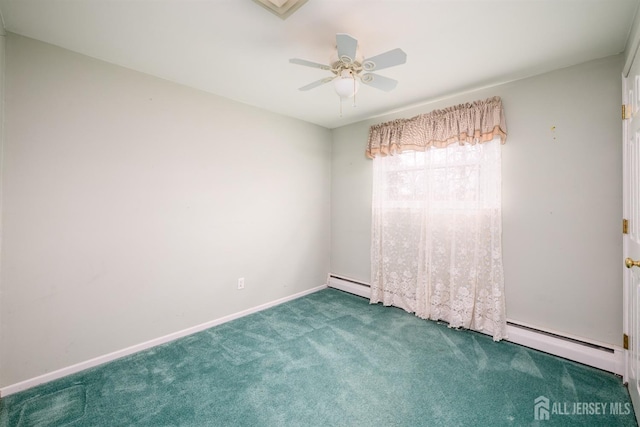 carpeted spare room with baseboards, baseboard heating, and ceiling fan