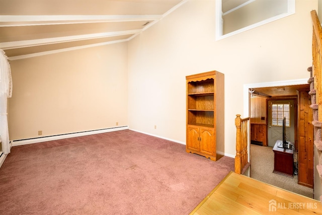 unfurnished room featuring a baseboard heating unit, carpet floors, baseboards, and vaulted ceiling with beams