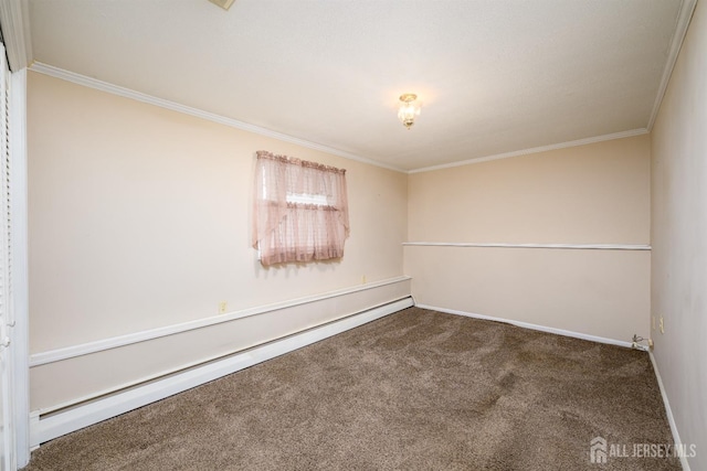 carpeted spare room with crown molding, baseboards, and a baseboard radiator