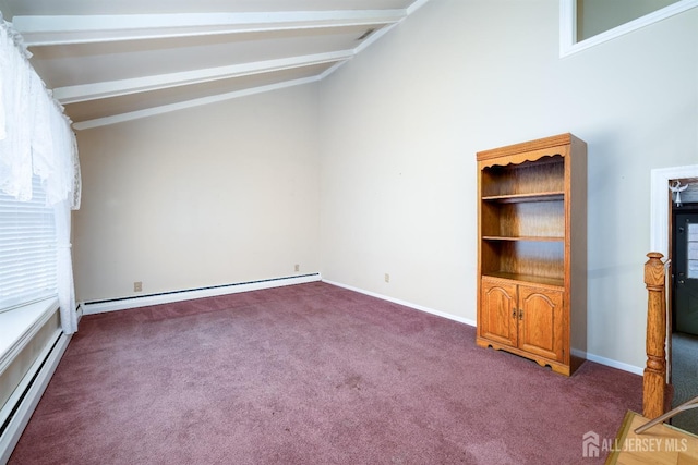 unfurnished bedroom featuring baseboards, a baseboard radiator, vaulted ceiling with beams, a baseboard heating unit, and carpet flooring