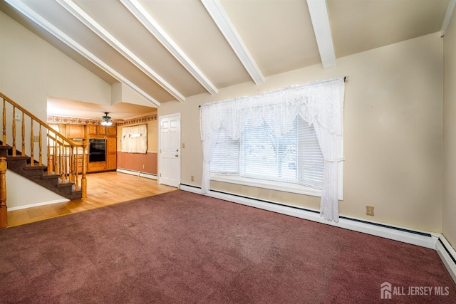 unfurnished living room featuring stairs, beamed ceiling, carpet floors, and a baseboard heating unit