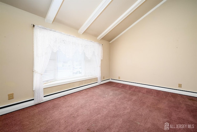 unfurnished room with carpet flooring, vaulted ceiling with beams, and a baseboard radiator