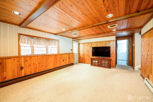 unfurnished living room with a baseboard radiator, beam ceiling, wood ceiling, and carpet flooring