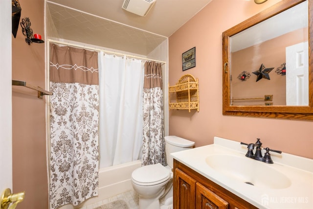 full bathroom with visible vents, toilet, vanity, and shower / bathtub combination with curtain