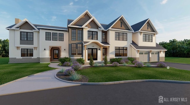 view of front facade featuring a garage, driveway, a chimney, and a front yard