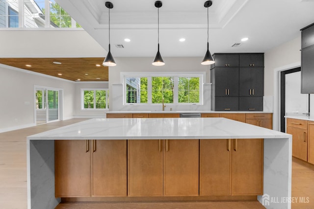 116 Hunt Dr, Princeton, NJ 08540 - kitchen featuring crown molding, recessed lighting, light wood-style floors, light stone countertops, and hanging light fixtures