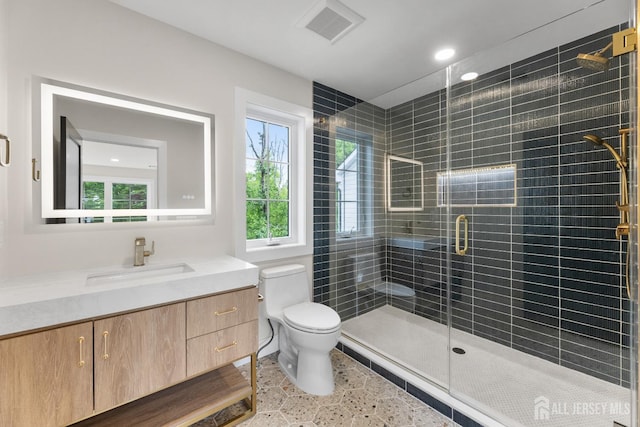 116 Hunt Dr, Princeton, NJ 08540 - full bath with toilet, vanity, a stall shower, speckled floor, and recessed lighting