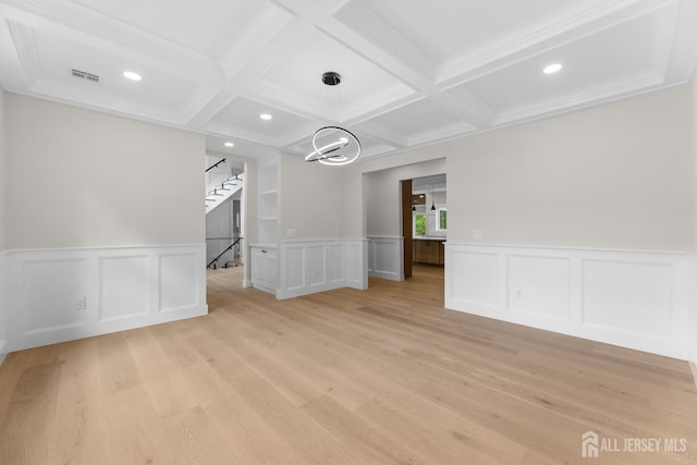 116 Hunt Dr, Princeton, NJ 08540 - unfurnished room with light wood-style floors, coffered ceiling, beamed ceiling, recessed lighting, and a wainscoted wall