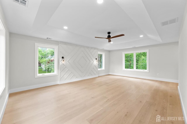 116 Hunt Dr, Princeton, NJ 08540 - empty room with a raised ceiling, baseboards, recessed lighting, light wood-style flooring, and a ceiling fan