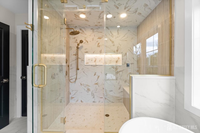 116 Hunt Dr, Princeton, NJ 08540 - full bathroom with a freestanding tub, a marble finish shower, and tile walls