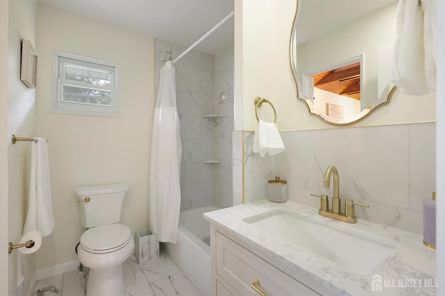 505 Runyon Ave, Piscataway, NJ 08854 - full bathroom with marble look tiles, vanity, and shower / bathtub combination with curtain