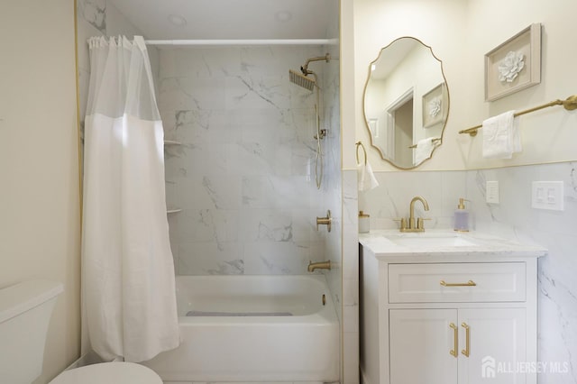 505 Runyon Ave, Piscataway, NJ 08854 - bathroom with shower / bath combo with shower curtain, vanity, tile walls, and marble look tiles