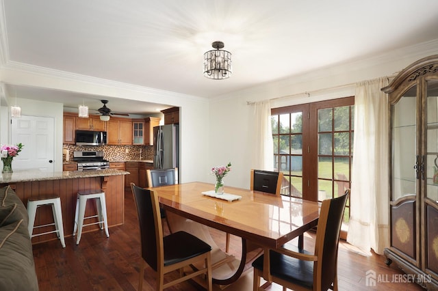 505 Runyon Ave, Piscataway, NJ 08854 - dining area with french doors, dark wood-type flooring, ornamental molding, and a ceiling fan