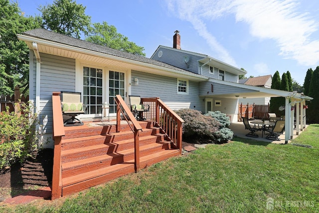 505 Runyon Ave, Piscataway, NJ 08854 - rear view of house featuring a lawn, a patio, a chimney, and french doors