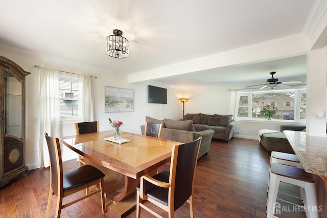 505 Runyon Ave, Piscataway, NJ 08854 - dining area featuring dark wood-style flooring, crown molding, a chandelier, and a ceiling fan