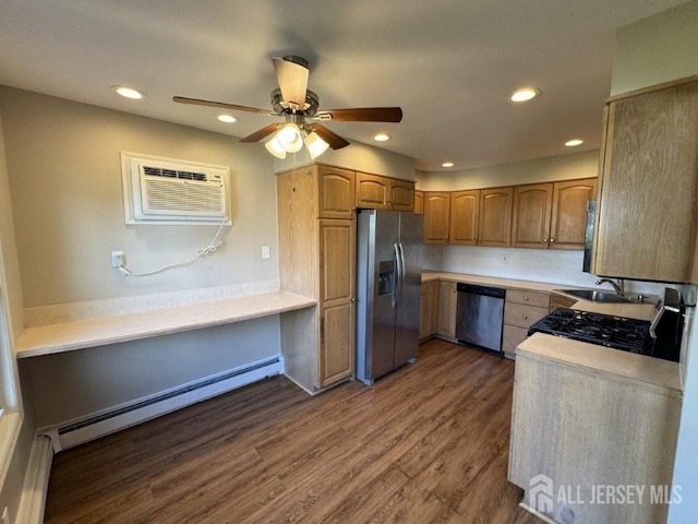 43 Overbrook Dr, Colonia, NJ 07067 - kitchen with appliances with stainless steel finishes, recessed lighting, a ceiling fan, dark wood finished floors, and a wall mounted AC