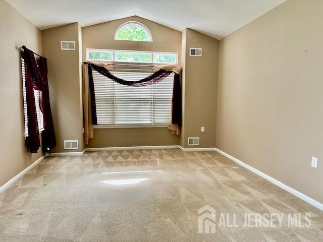 carpeted spare room featuring lofted ceiling and baseboards