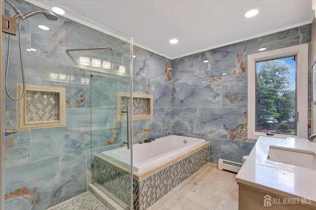 403 New Dover Rd, Colonia, NJ 07067 - full bathroom with vanity, a garden tub, a shower stall, marble finish flooring, and tile walls
