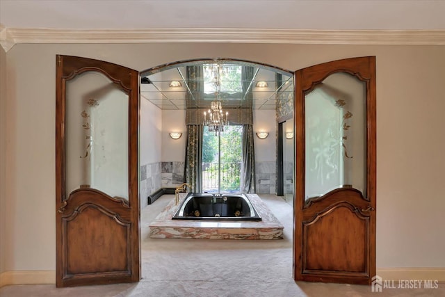 403 New Dover Rd, Colonia, NJ 07067 - bathroom with a chandelier, ornamental molding, and a drop ceiling