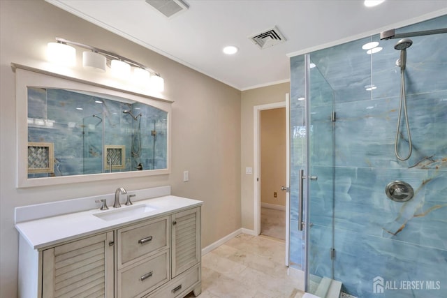 403 New Dover Rd, Colonia, NJ 07067 - full bath featuring a marble finish shower, vanity, ornamental molding, and recessed lighting