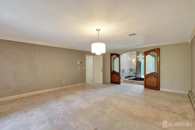 403 New Dover Rd, Colonia, NJ 07067 - empty room with a chandelier, arched walkways, crown molding, and light colored carpet
