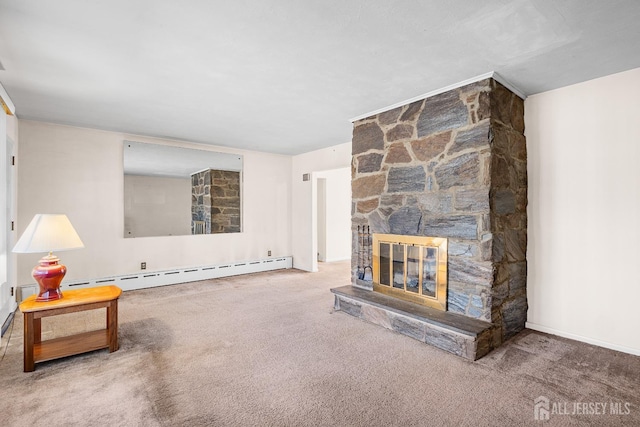 unfurnished living room featuring carpet, a baseboard radiator, and a fireplace