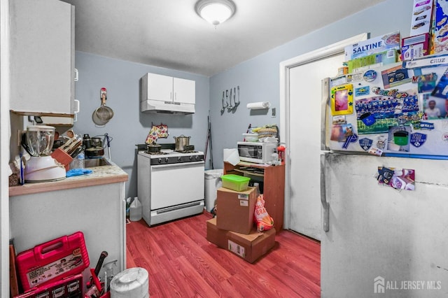 188 Seaman St, New Brunswick, NJ 08901 - kitchen featuring white appliances, under cabinet range hood, wood finished floors, white cabinets, and light countertops