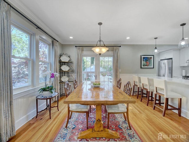 939 Salem Rd, Union Twp, NJ 07083 - dining space featuring light wood finished floors, crown molding, recessed lighting, and wainscoting