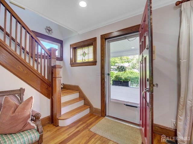939 Salem Rd, Union Twp, NJ 07083 - entryway with stairs, light wood finished floors, crown molding, and recessed lighting